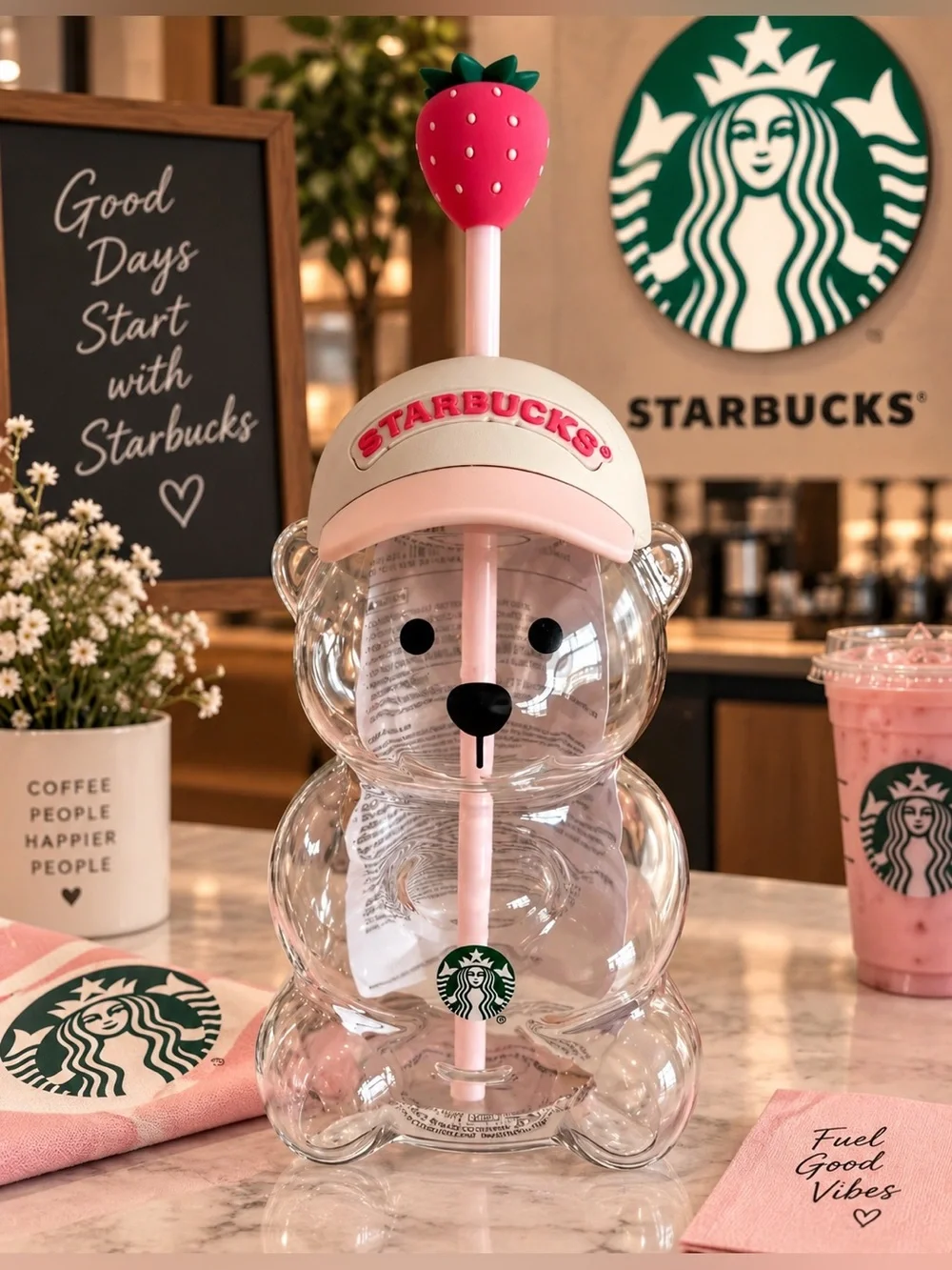 Starbucks Clear Bear Tumbler with Pink Straw and Strawberry Top